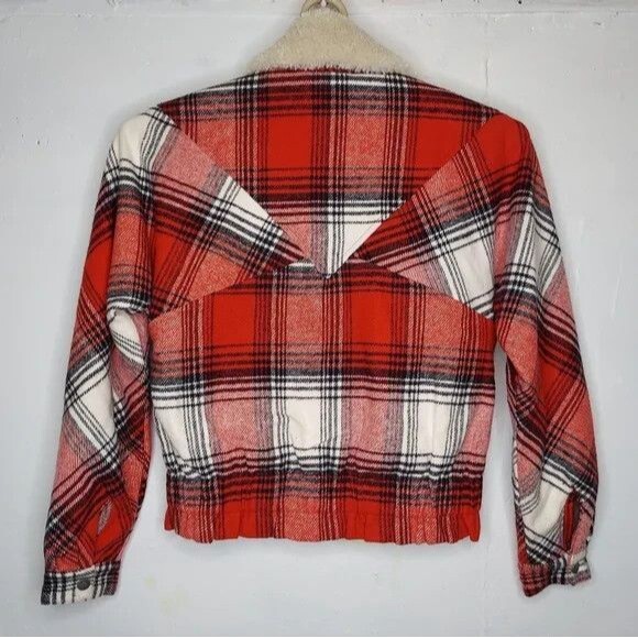 Splendid Bomber Jacket Red Plaid Flannel Fleece-Lined Collar Snap Button Elastic - Picture 5 of 10